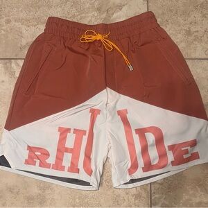 Rhude Pink and White Logo Shorts with Yellow Drawstring